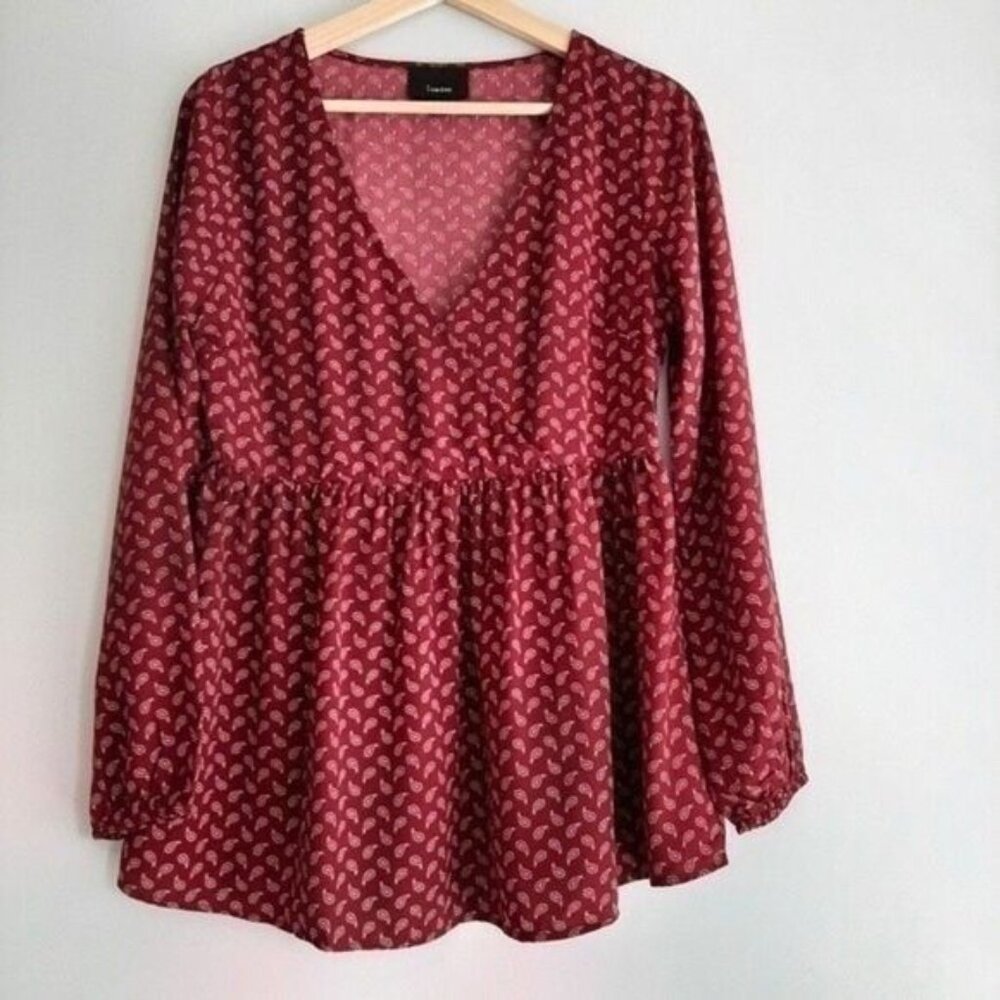 LUMIERE | Paisley Pattern Blouse V-neck Top Burgundy Red Long Sleeve Sz S